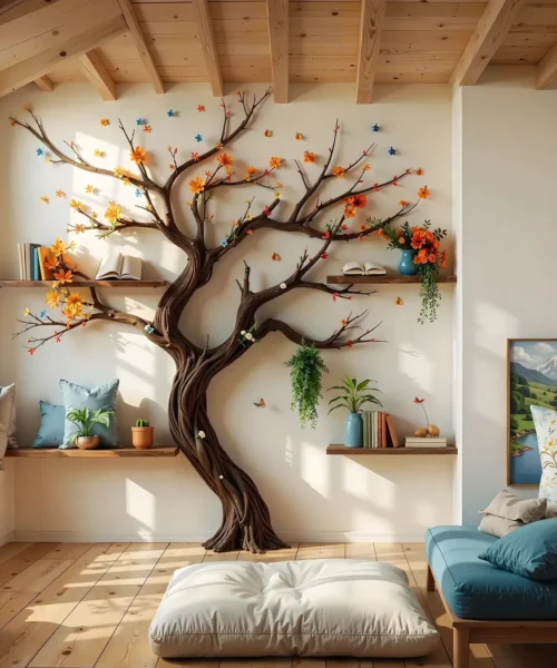 Wooden Tree Branch Bookshelf Handmade with Rustic Charm .