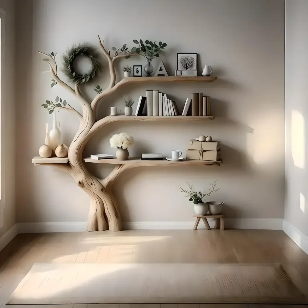 Wooden wall decoration shelves, artistic tree branch images