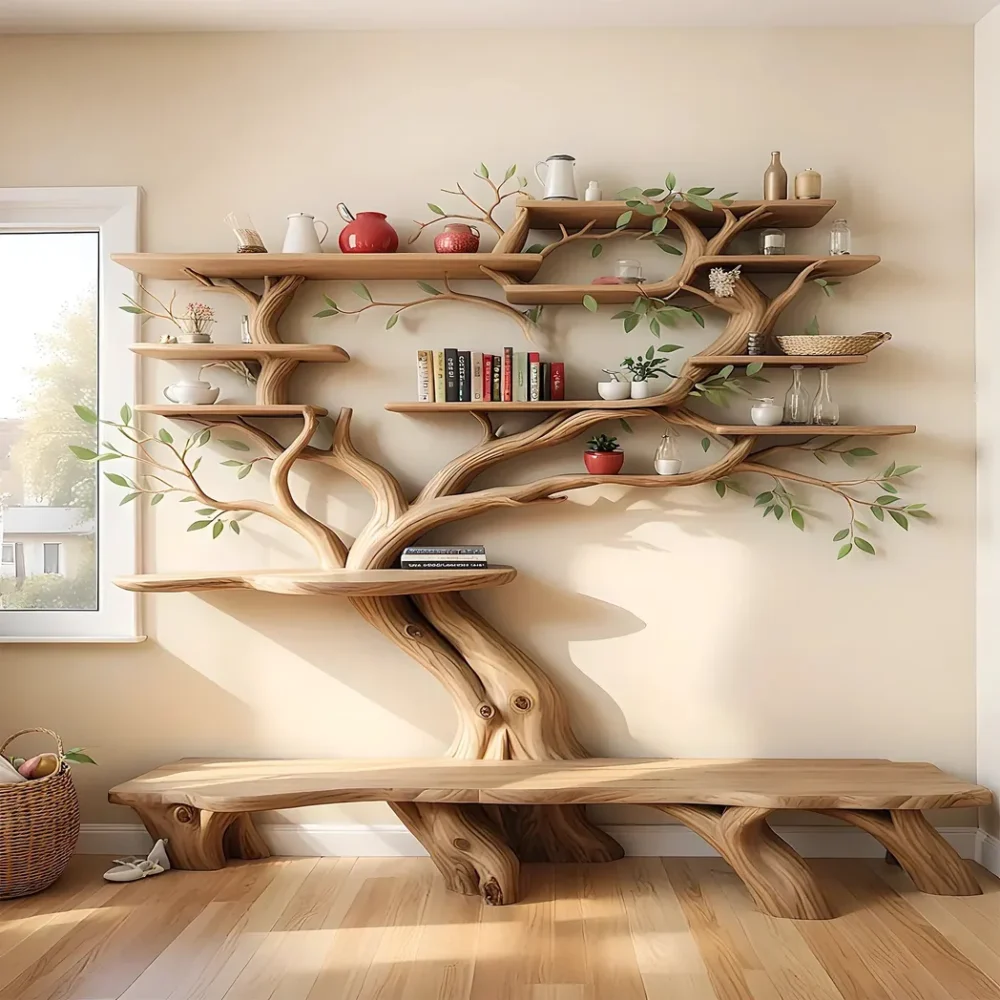 Unique monolithic tree shaped bookshelf