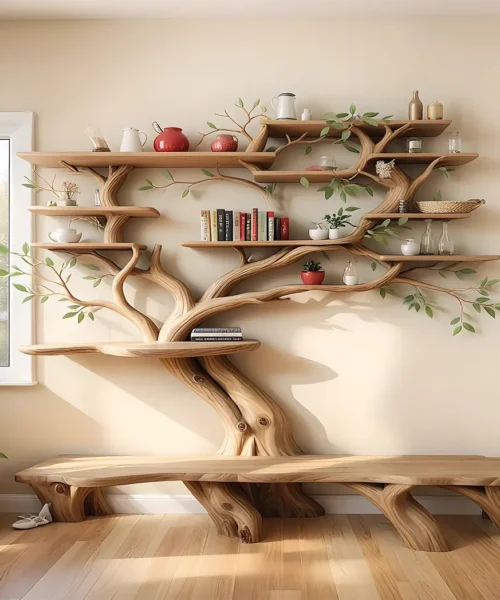Unique monolithic tree shaped bookshelf