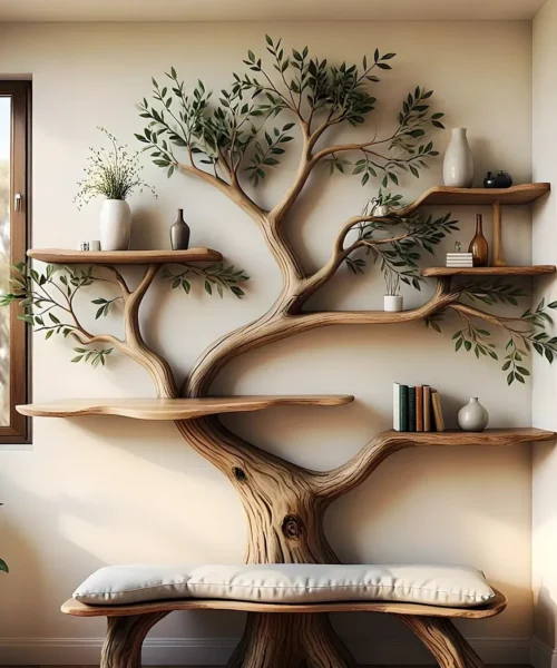 Tree shaped bookshelf made from driftwood and solid wood