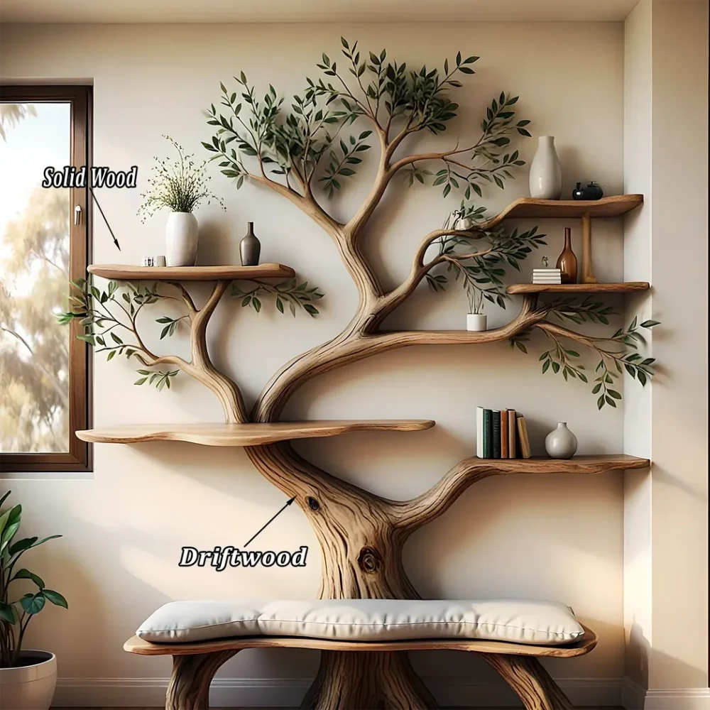 Tree shaped bookshelf made from driftwood and solid wood - Image 3