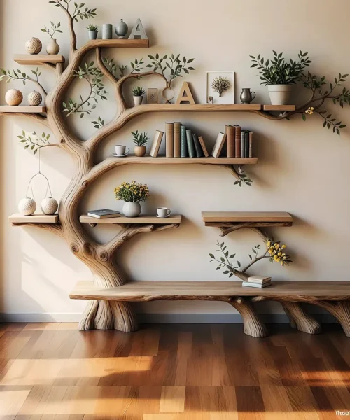 Tree shaped bookshelf with modern reading pedestal design