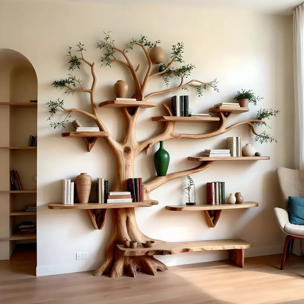 Wooden wall shelf carved with tree branches, unique bookshelf for family