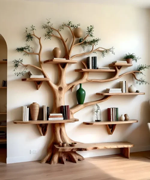 Wooden wall shelf carved with tree branches, unique bookshelf for family