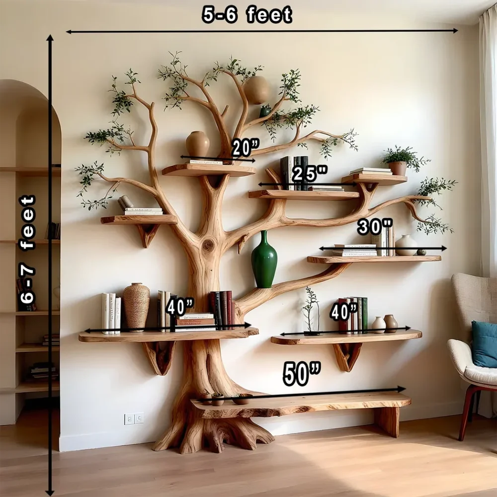 Wooden wall shelf carved with tree branches, unique bookshelf for family - Image 2
