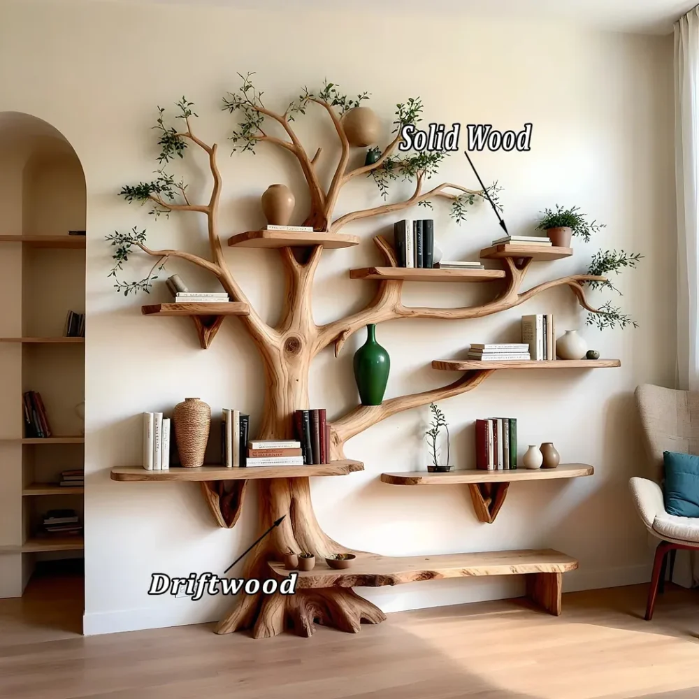 Wooden wall shelf carved with tree branches, unique bookshelf for family - Image 3