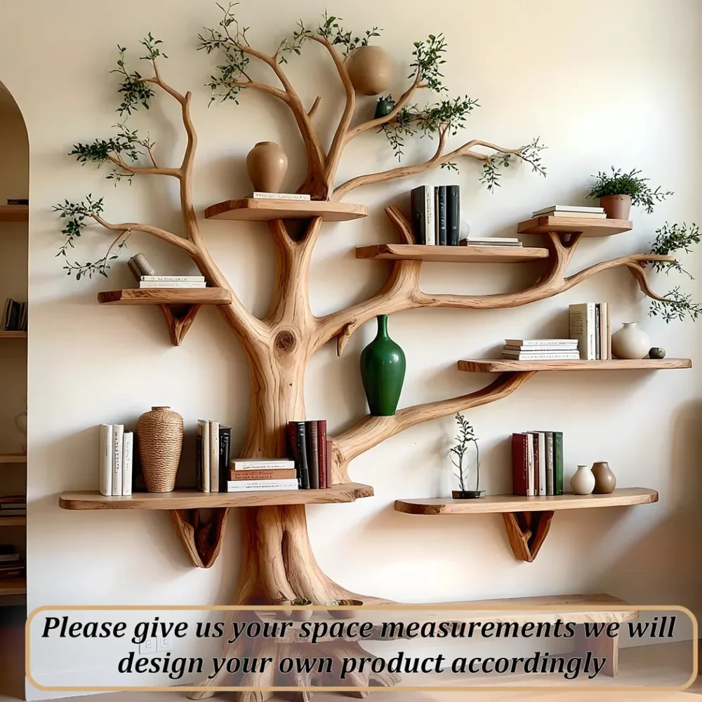 Wooden wall shelf carved with tree branches, unique bookshelf for family - Image 4