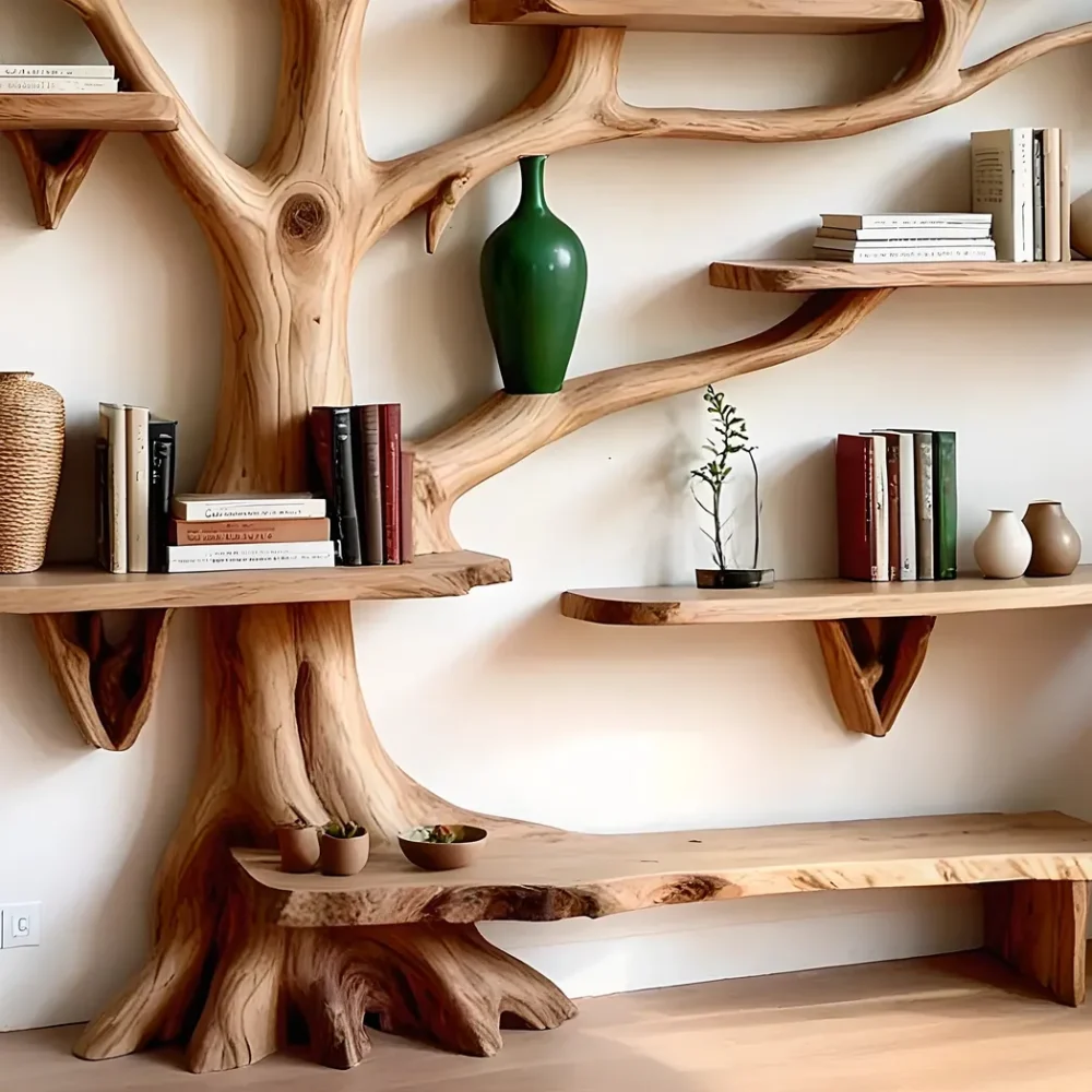 Wooden wall shelf carved with tree branches, unique bookshelf for family - Image 5