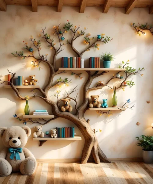 Wall-mounted bookshelf for children - Creative furniture made of natural wood