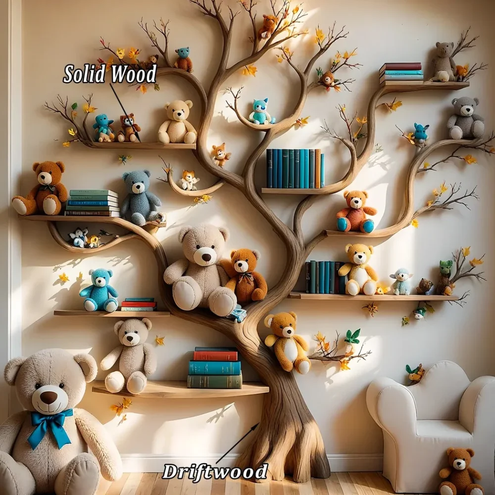 Tree-shaped bookshelf for children's room - Natural wood furniture, convenient and safe toy display shelf