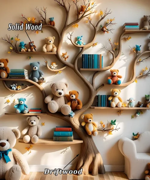 Tree-shaped bookshelf for children's room - Natural wood furniture, convenient and safe toy display shelf