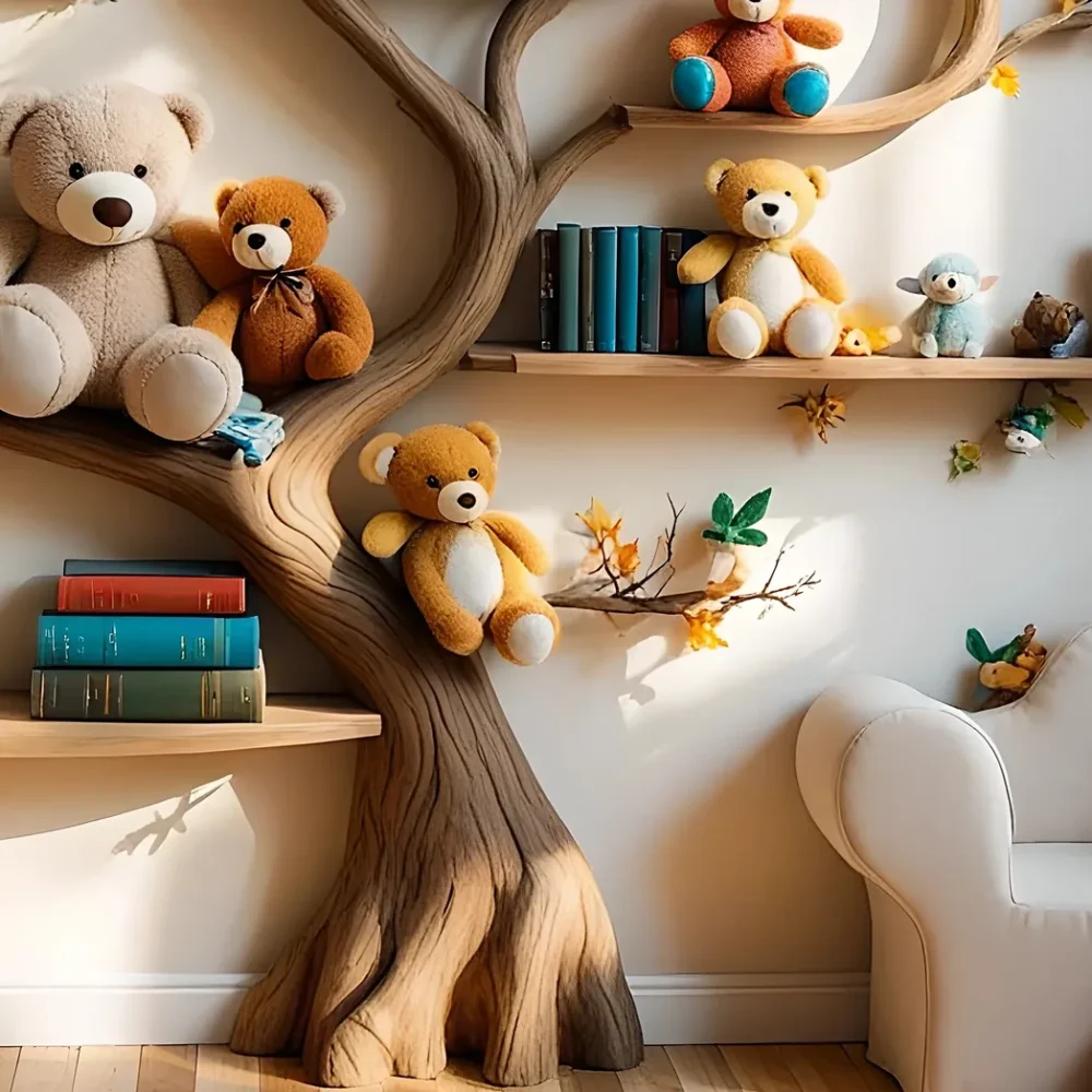 Tree-shaped bookshelf for children's room - Natural wood furniture, convenient and safe toy display shelf - Image 5