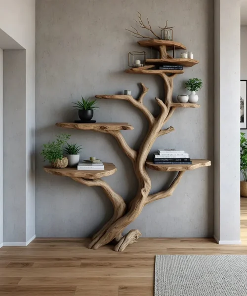 Tree branch floating shelf solid wood live edge floating corner wall shelf unique bookcase home decor .