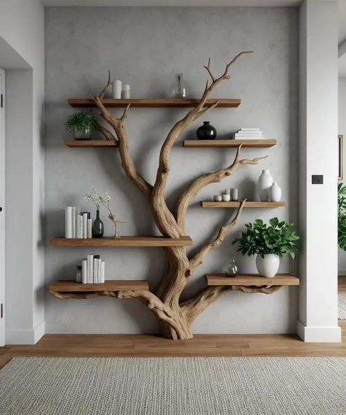 Tree branch floating shelf solid wood live edge floating corner wall shelf unique bookcase home decor.