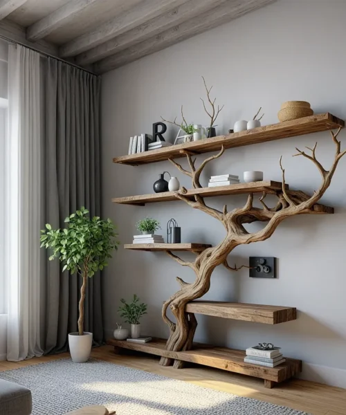 Tree branch shelf wall mount bookshelf custom bookcase driftwood shelf solid wood bookcase bookshelf decor