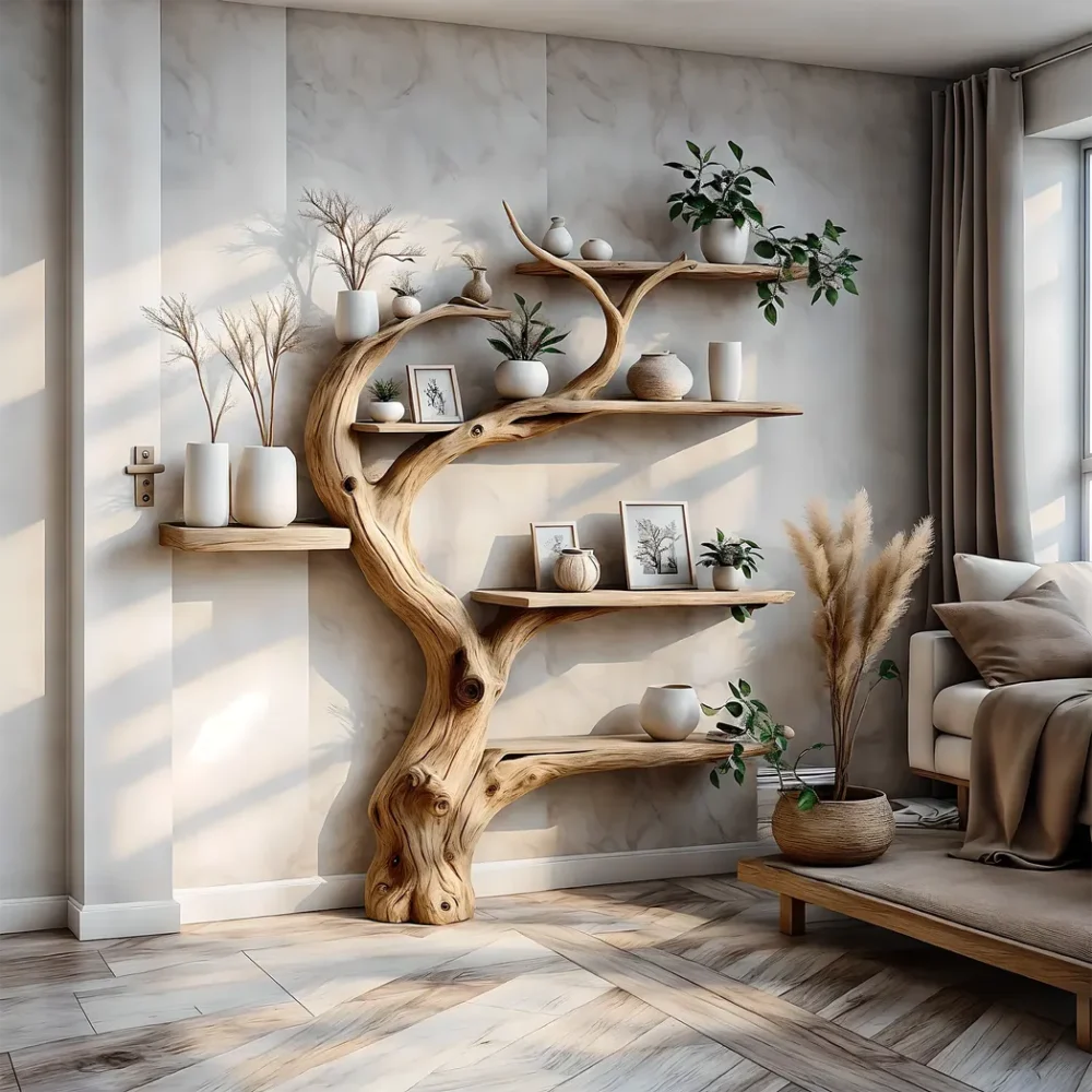 Tree branch bookshelf decorated with driftwood. Solid wood bookshelf decorates interior walls