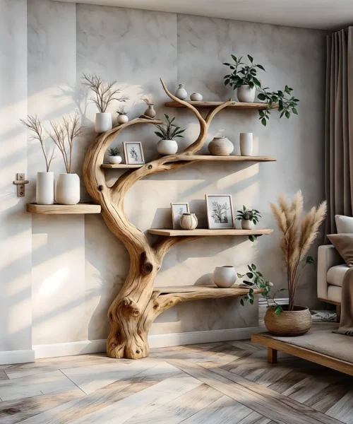 Tree branch bookshelf decorated with driftwood. Solid wood bookshelf decorates interior walls