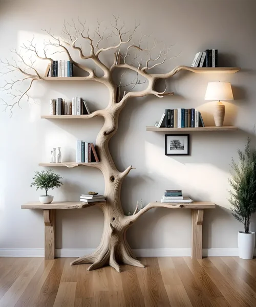 Tree bookshelf for living room or bedroom Handmade wooden furniture Driftwood branches bookshelves solid wood floating wall shelves.