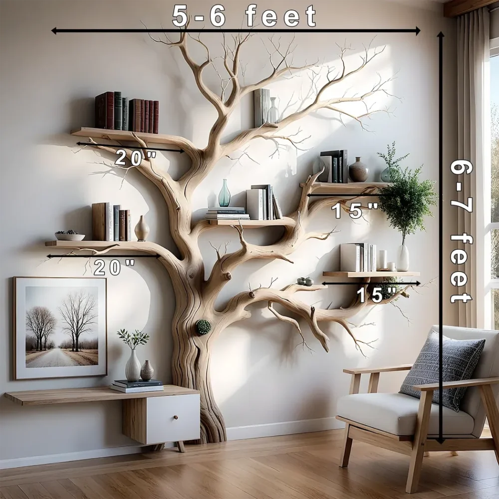 The unique tree-shaped bookshelf is made from natural driftwood, highlighted with artistic tree branches. - Image 2