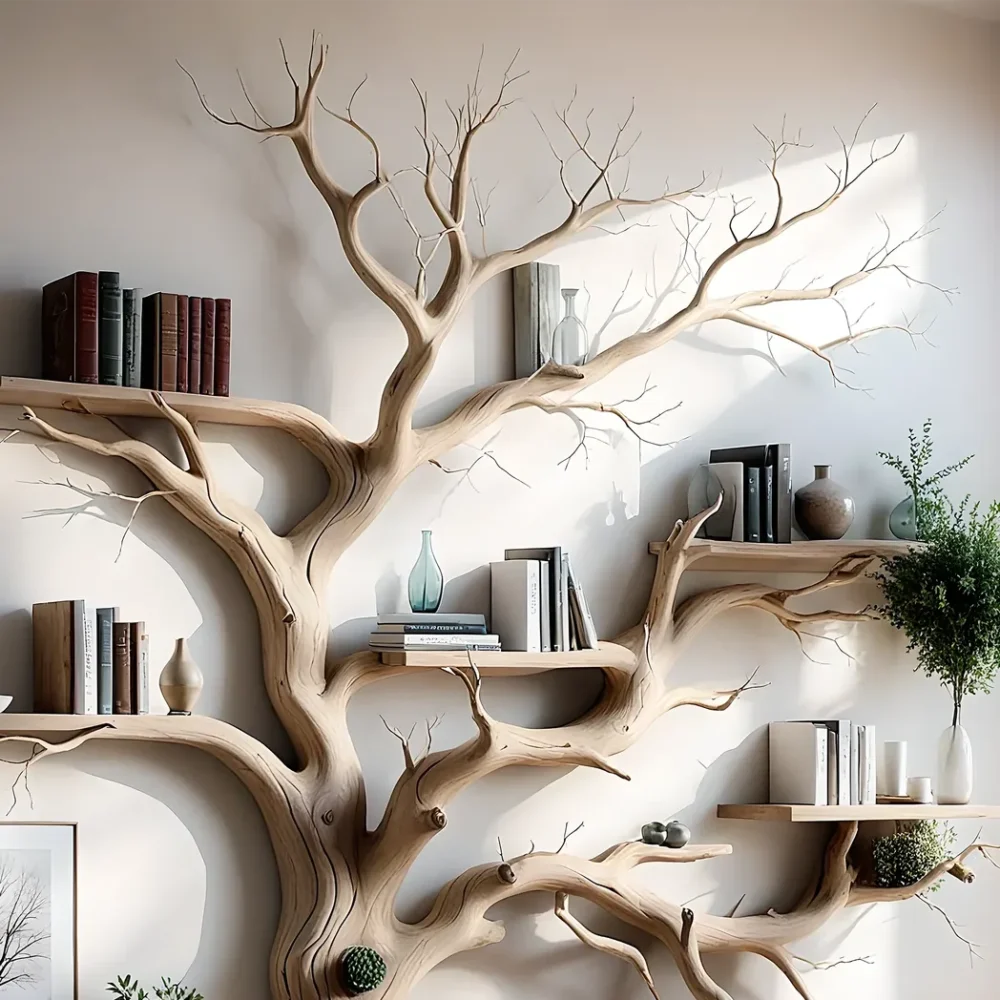The unique tree-shaped bookshelf is made from natural driftwood, highlighted with artistic tree branches. - Image 3