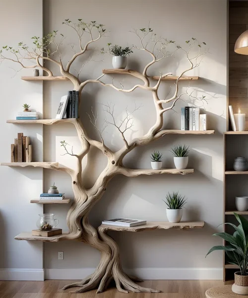Tree branch floating shelf solid wood live edge floating corner wall shelf unique bookcase home decor.