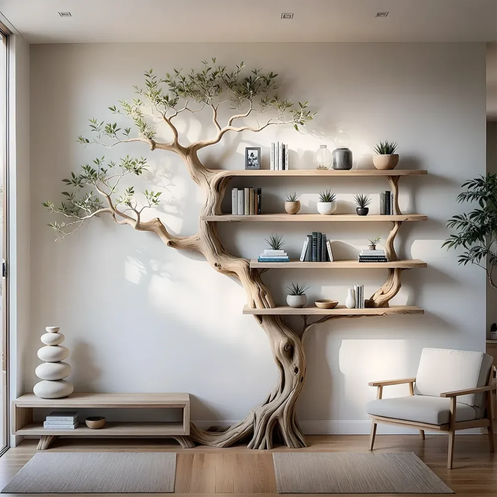 Solid wood tree branch bookshelf living next to unique floating corner wall shelf bookcase home decoration.