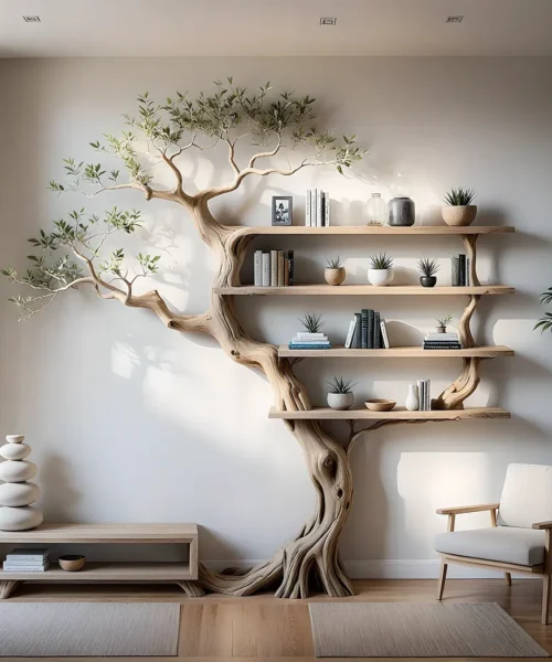 Solid wood tree branch bookshelf living next to unique floating corner wall shelf bookcase home decoration.