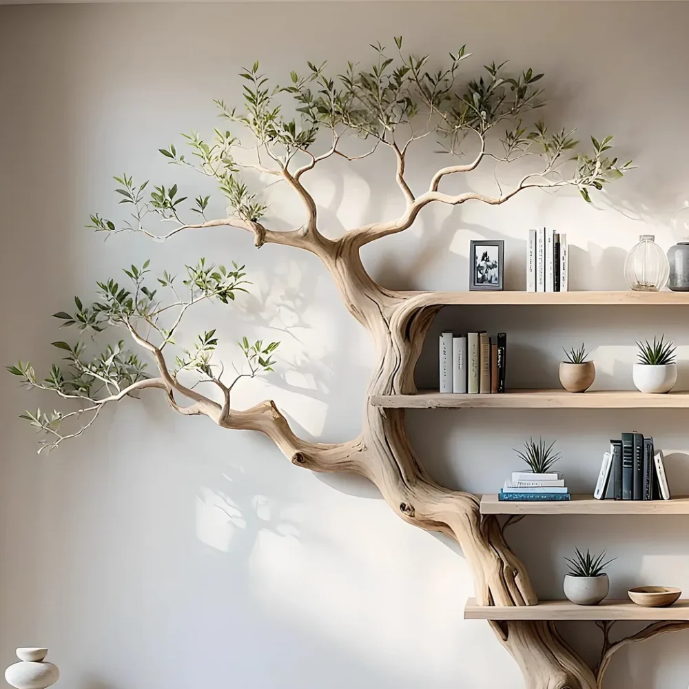 Solid wood tree branch bookshelf living next to unique floating corner wall shelf bookcase home decoration. - Image 2