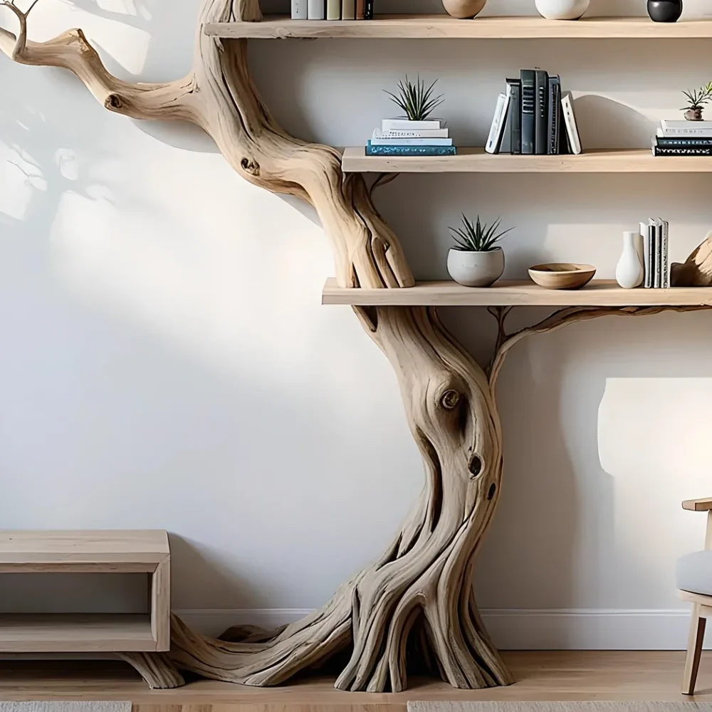 Solid wood tree branch bookshelf living next to unique floating corner wall shelf bookcase home decoration. - Image 3