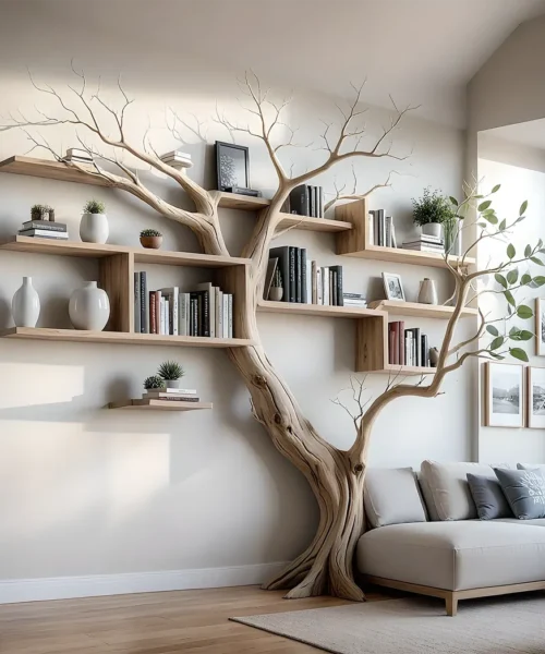 Tree branch floating shelf solid wood live edge floating corner wall shelf unique bookcase home decor .