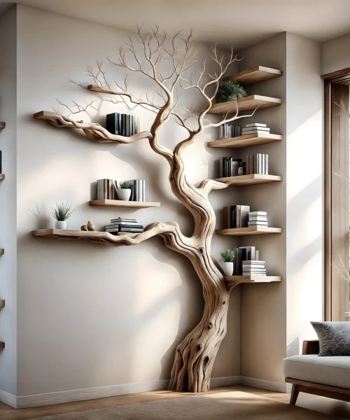 Solid perennial wood bookshelf, floating shelf, tree-shaped bookshelf
