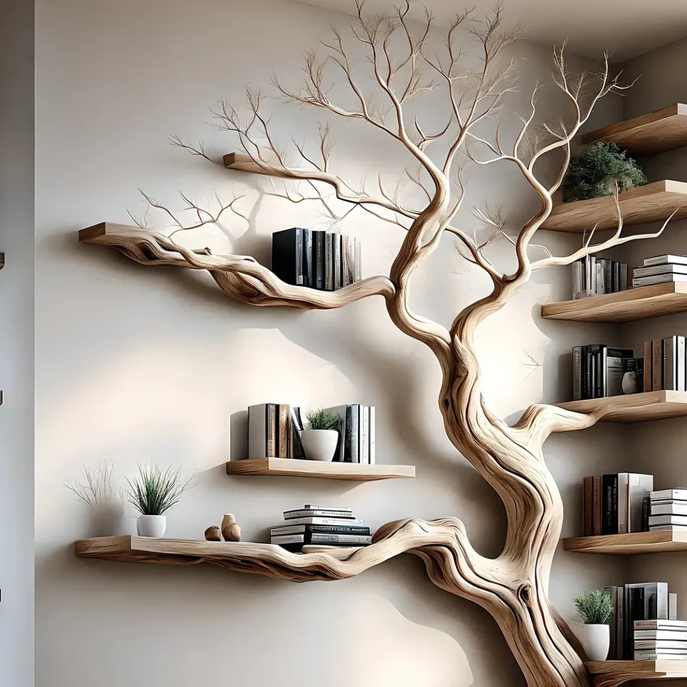 Solid perennial wood bookshelf, floating shelf, tree-shaped bookshelf - Image 2