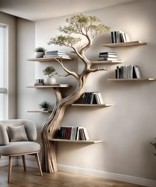 Solid perennial wood bookshelf, floating shelf, tree-shaped bookshelf