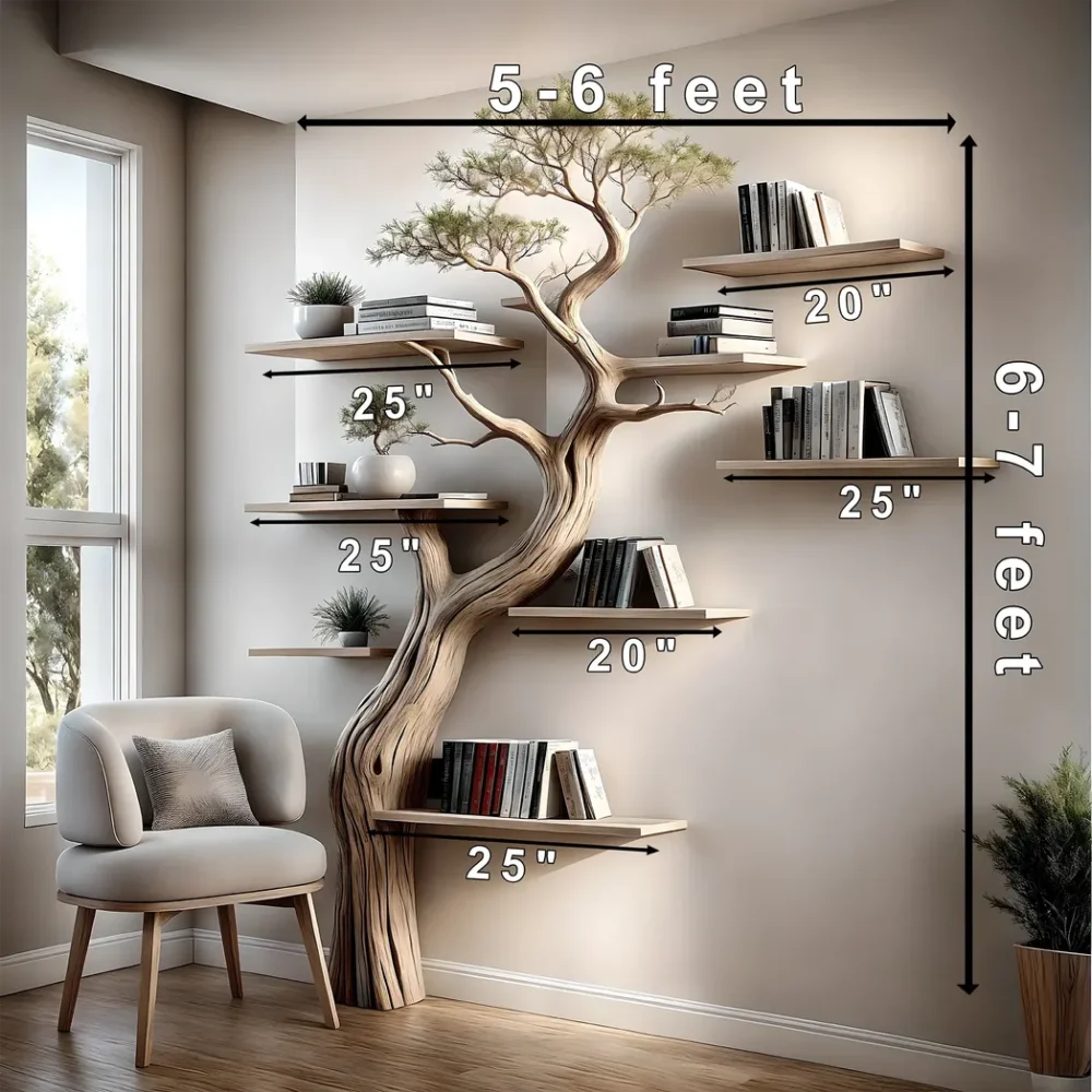 Solid perennial wood bookshelf, floating shelf, tree-shaped bookshelf - Image 2