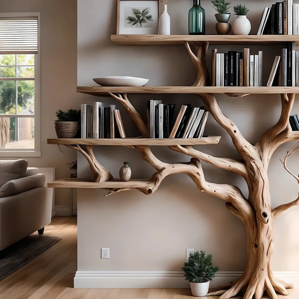 Tree branch floating bookshelf unique bookcase handmade furniture wall mount book shelf decor home - Image 2