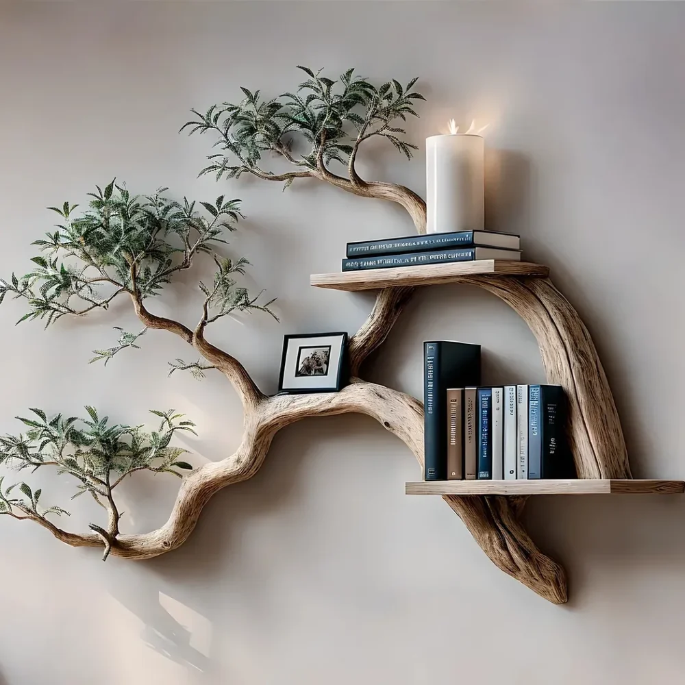 Tile-Bookshelf decorated with tree branches Solid wooden bookshelf for decoration