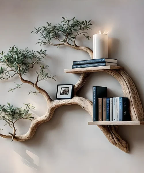 Tile-Bookshelf decorated with tree branches Solid wooden bookshelf for decoration