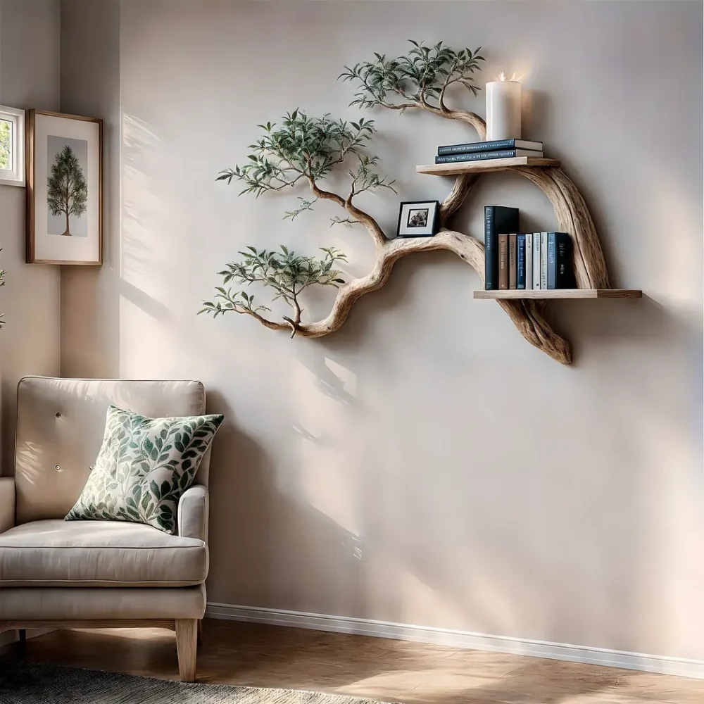 Tile-Bookshelf decorated with tree branches Solid wooden bookshelf for decoration - Image 2
