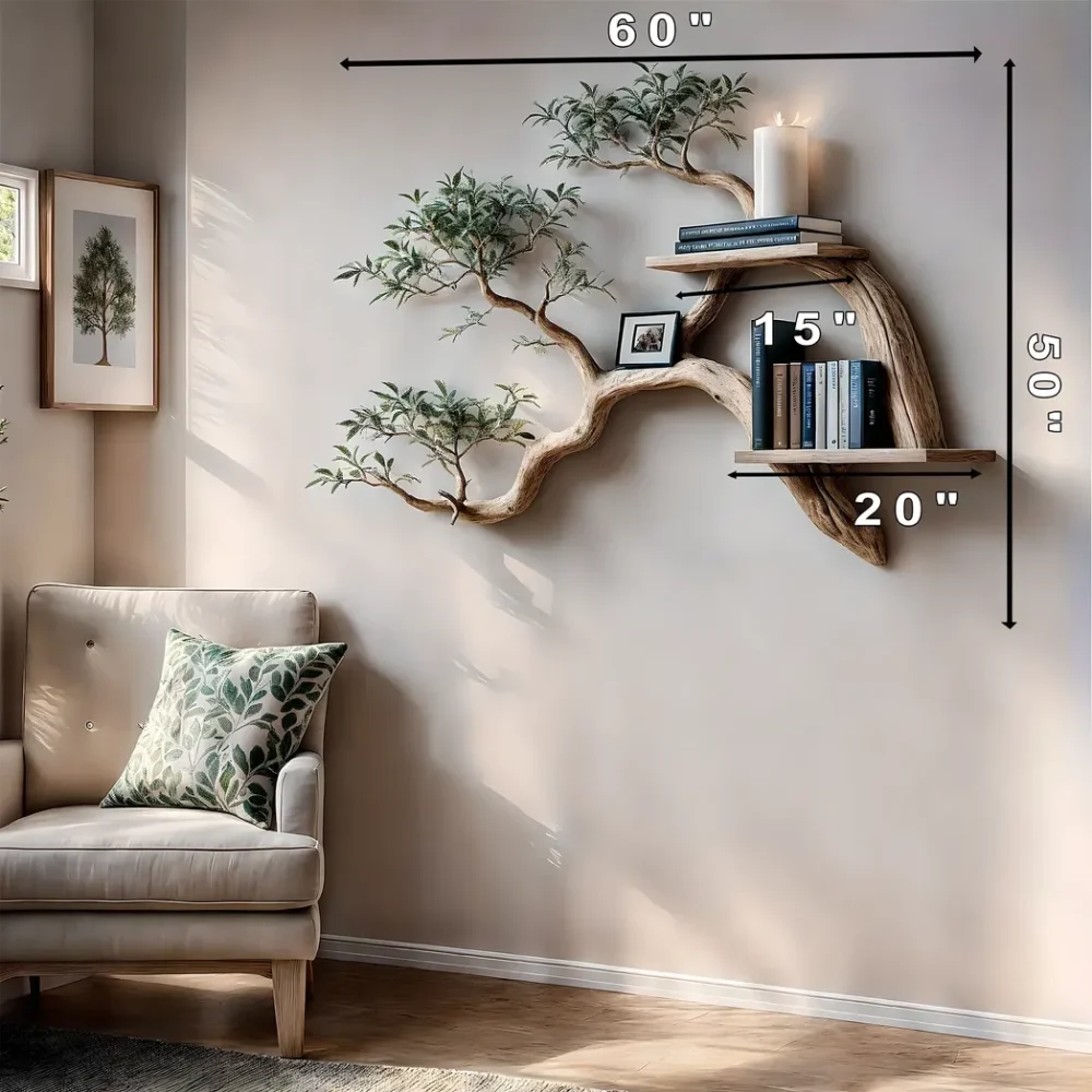 Tile-Bookshelf decorated with tree branches Solid wooden bookshelf for decoration - Image 3