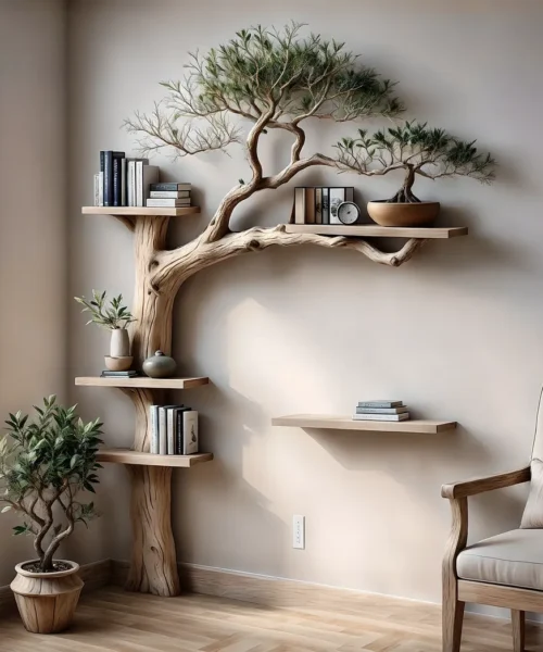 Tree bookshelf solid wood floating shelf branch solid wood bookcase wall mounted furniture and handmade decoration