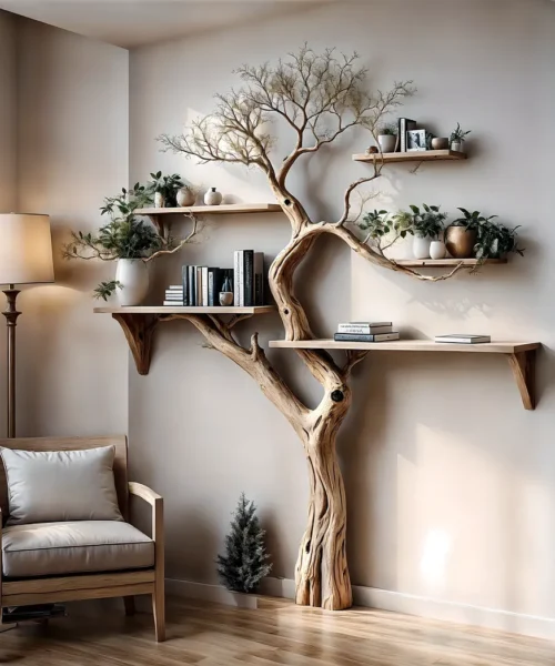 Solid wood tree branch bookshelf, handmade wall hanging, interior decoration for living room