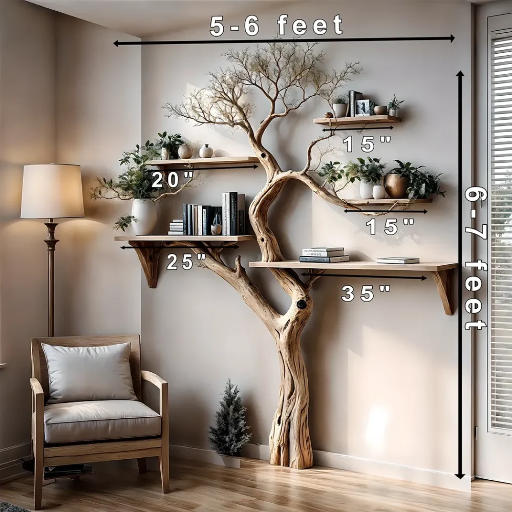 Solid wood tree branch bookshelf, handmade wall hanging, interior decoration for living room - Image 2