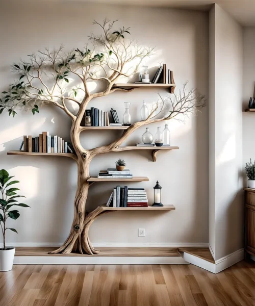 Solid wood tree branch bookshelf, handmade wall hanging, interior decoration for living room
