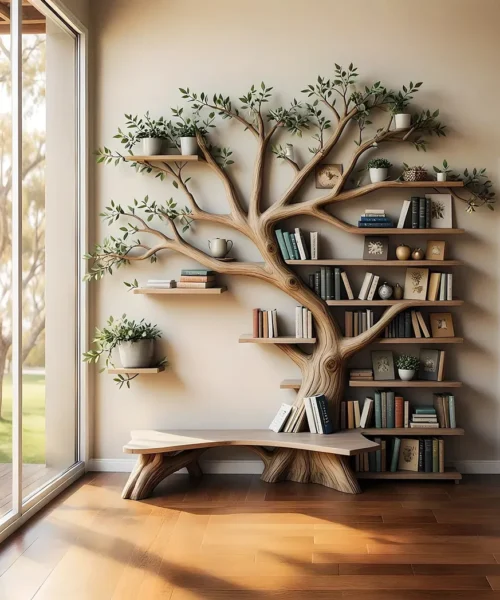Solid wood tree shaped bookshelf, library bookshelf