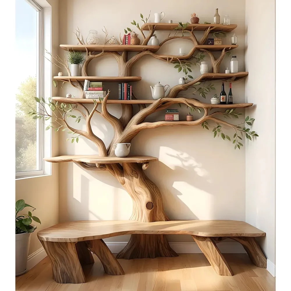Solid wood wall shelf, unique tree-shaped bookshelf