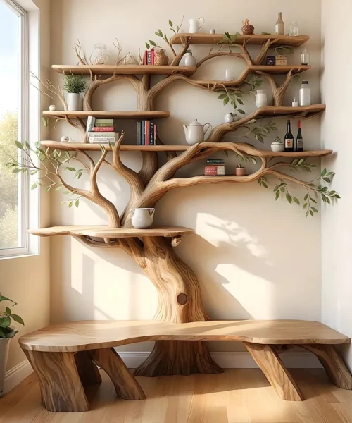 Solid wood wall shelf, unique tree-shaped bookshelf