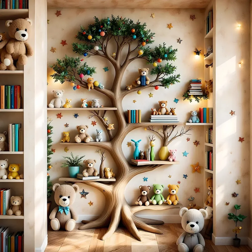 Solid wood wall-mounted toy storage shelf - Impressive children's room decoration
