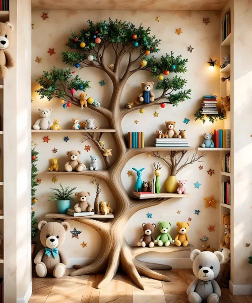 Solid wood wall-mounted toy storage shelf - Impressive children's room decoration