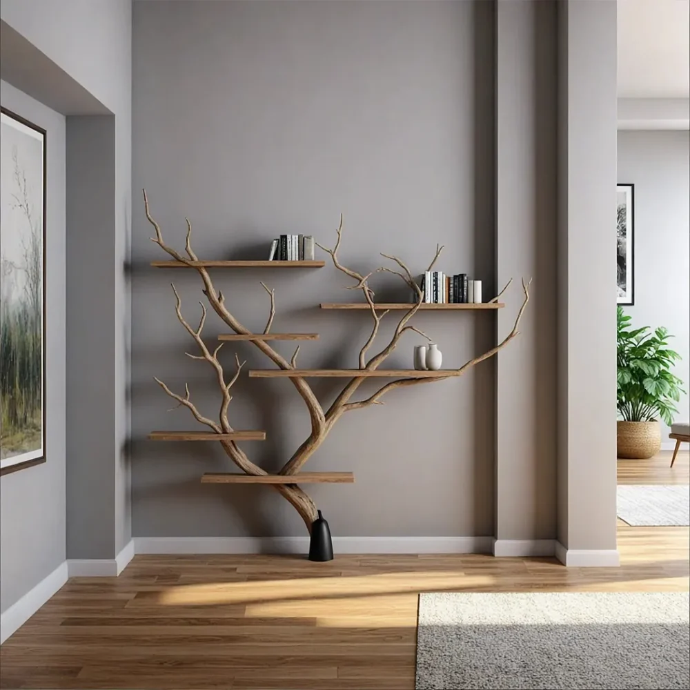 Rustic Tree Branch Floating Shelves Perfect for Wall-Mounted Books and Decorative Displays